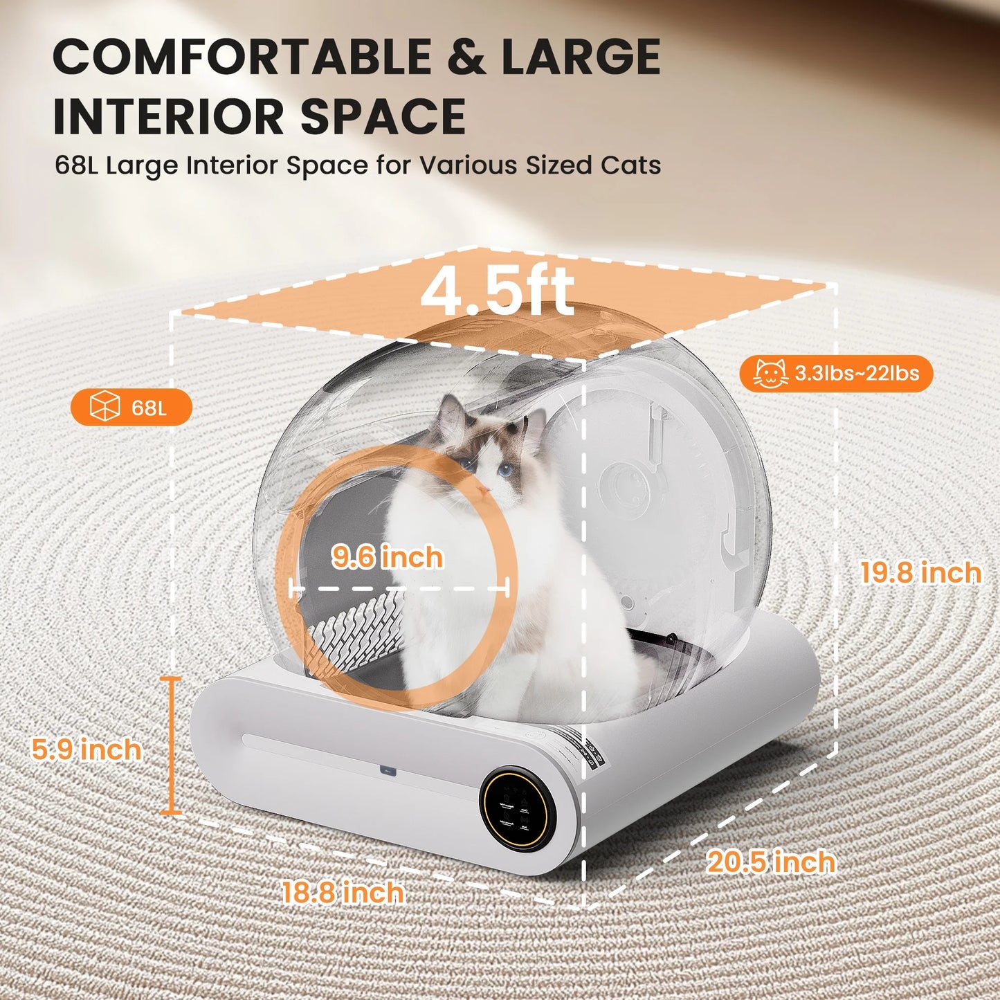 Automatic Self-Cleaning Cat Litter Box, APP Control and Integrated Safety Protection, 68L+9L Large Capacity, for Large/Multiple Cats,White