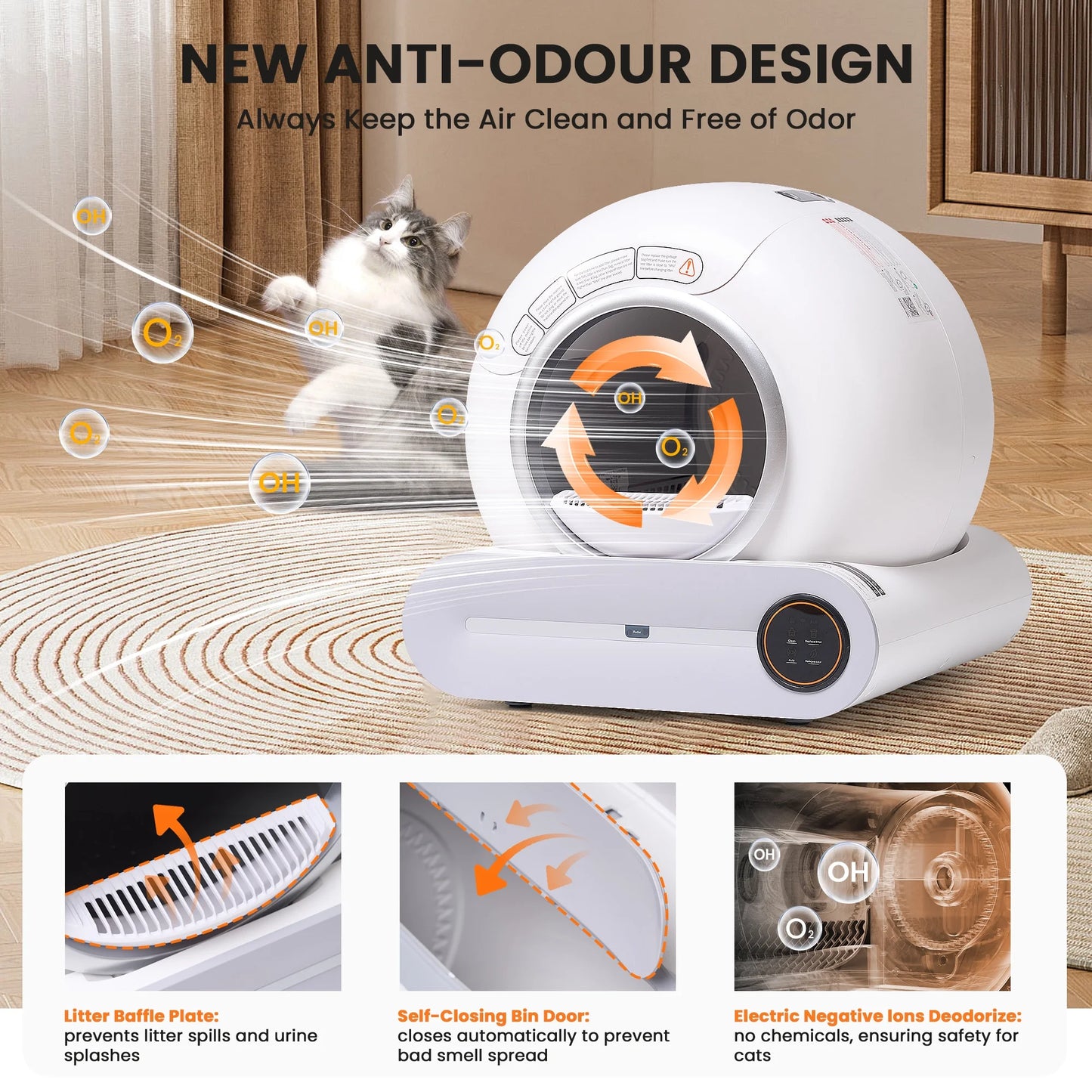 Automatic Self-Cleaning Cat Litter Box, APP Control and Integrated Safety Protection, 68L+9L Large Capacity, for Large/Multiple Cats,White