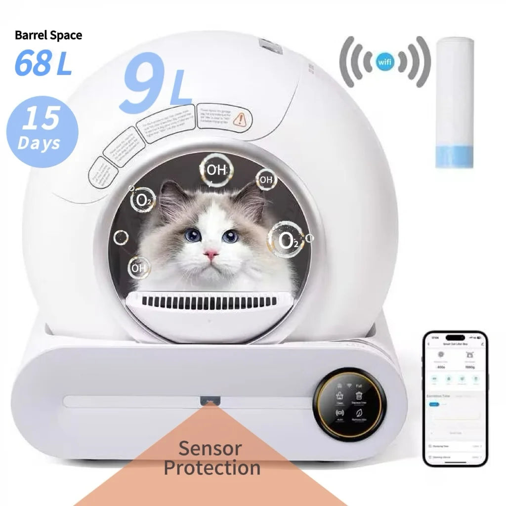 Automatic Self-Cleaning Cat Litter Box, APP Control and Integrated Safety Protection, 68L+9L Large Capacity, for Large/Multiple Cats,White