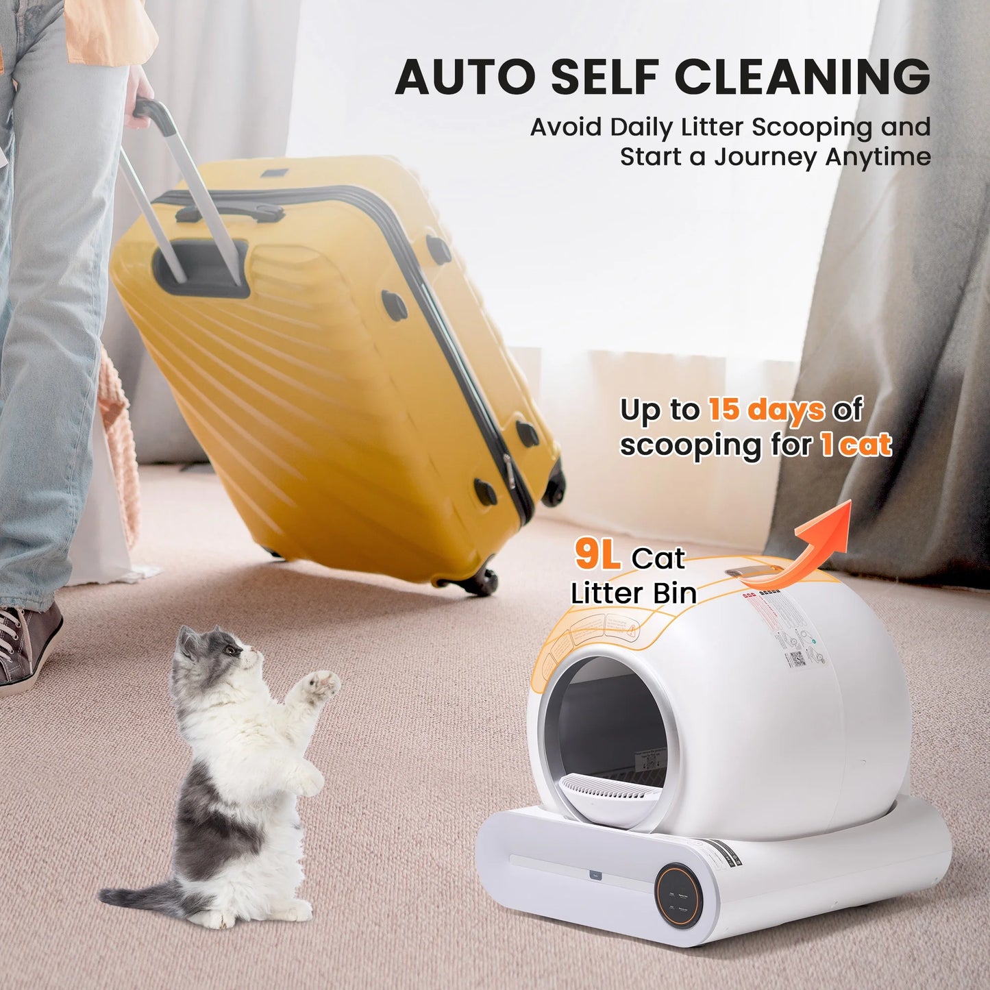 Automatic Self-Cleaning Cat Litter Box, APP Control and Integrated Safety Protection, 68L+9L Large Capacity, for Large/Multiple Cats,White