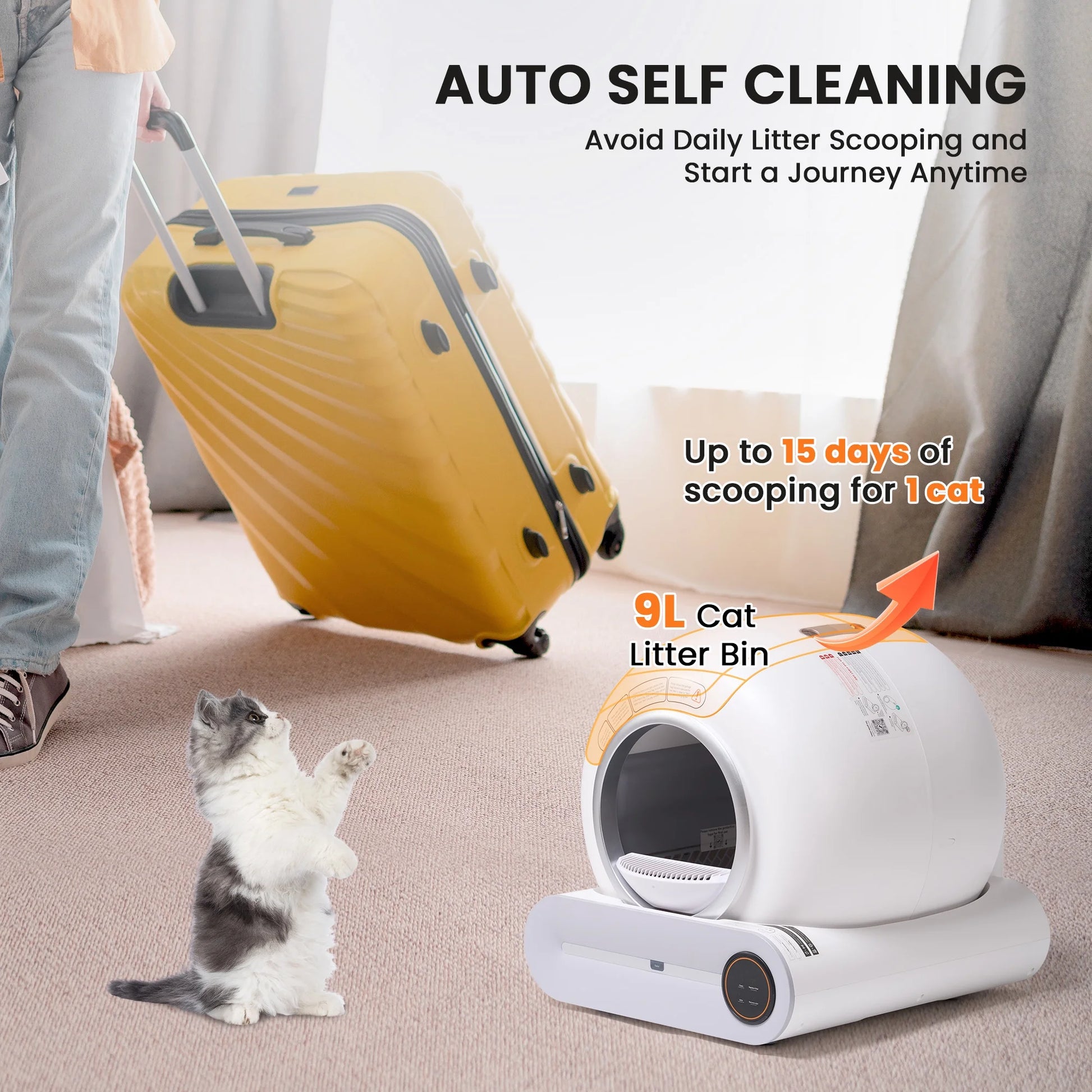 Automatic Self-Cleaning Cat Litter Box, APP Control and Integrated Safety Protection, 68L+9L Large Capacity, for Large/Multiple Cats,White