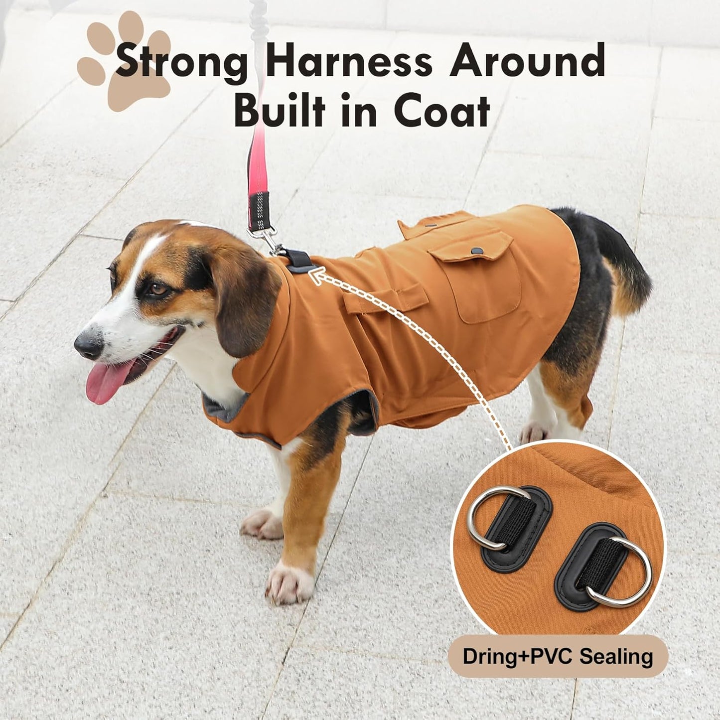 Workwear Style Dog Coats with Harness Built in for Small Dogs Windproof Warm Puppy Jacket with Storage Pockets for Cold Winter,Brightbeige M