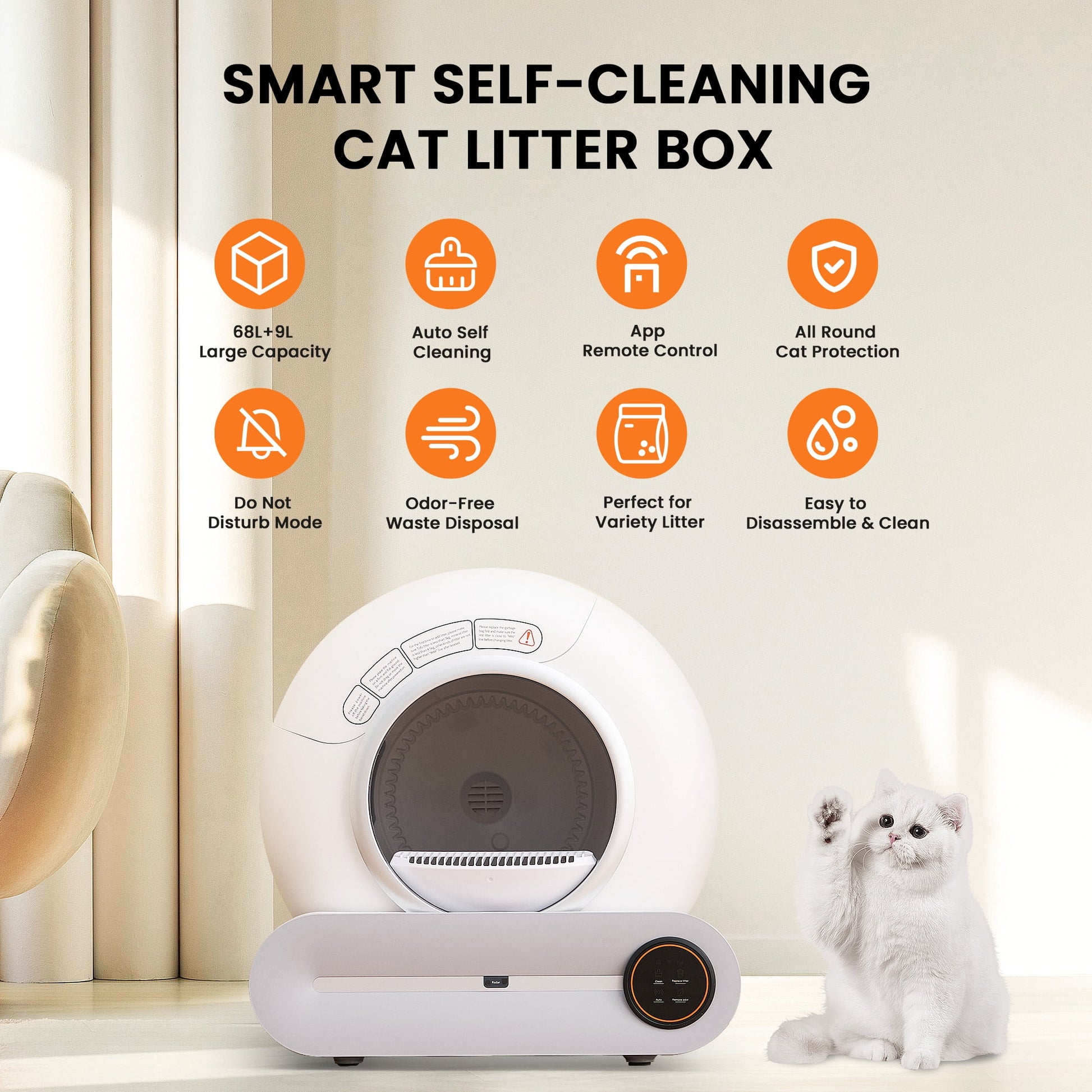 Automatic Self-Cleaning Cat Litter Box, APP Control and Integrated Safety Protection, 68L+9L Large Capacity, for Large/Multiple Cats,White